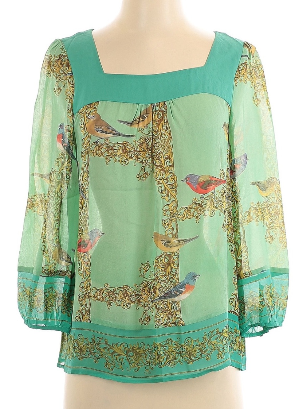 Anthropologie Vanessa Virginia 100% Silk Bird & Floral Top Boho Romantic Size 2